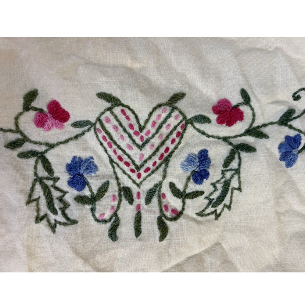 Vintage Hand Embroidered Pillowcase (1) Heart Flowers Pink Border 26 X 19" Heart